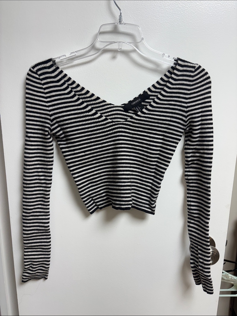 Forever 21 Black and White Striped V-Neck Ribbed Crop Top